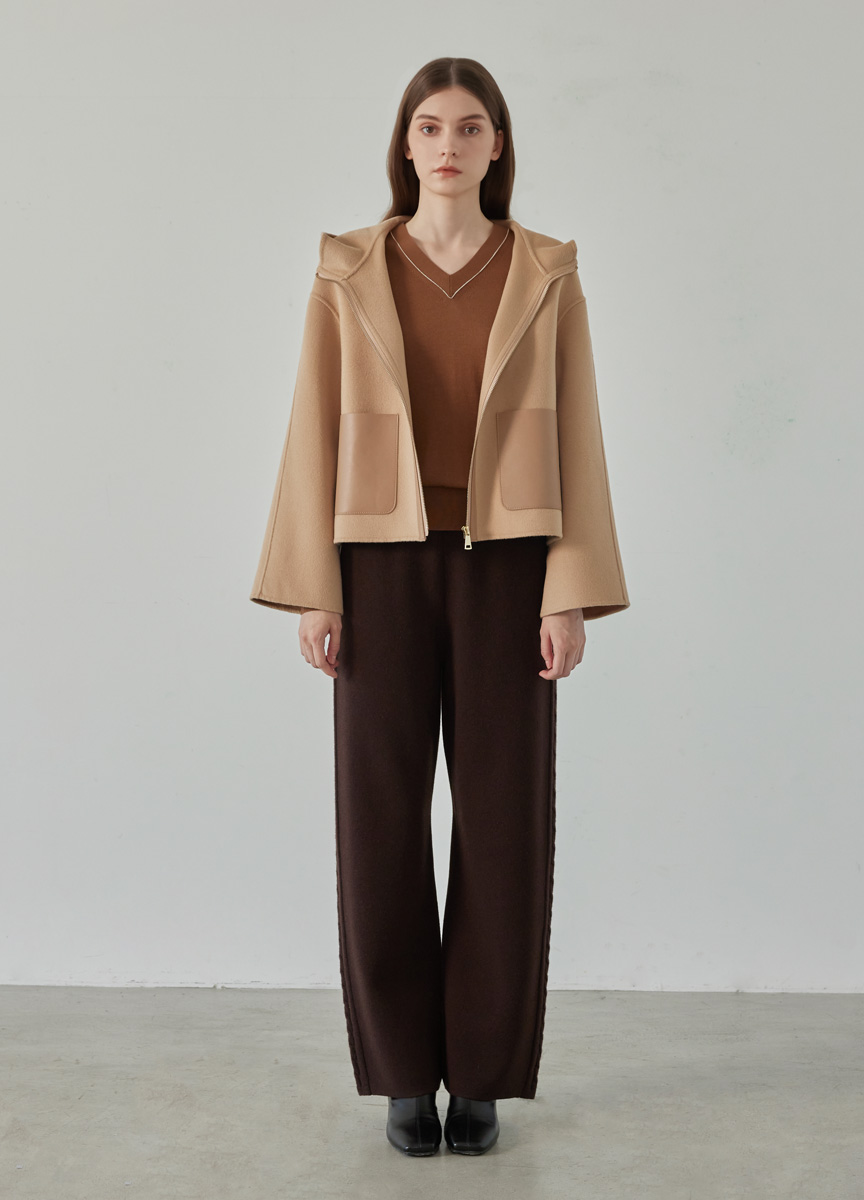 側邊麻花造型抽繩針織長褲